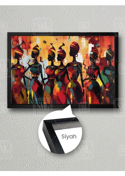 Renkli Etnik Kıyafetli Afrikalı Kadınlar Modern Soyut Silüet Dekor Çerçeveli Yatay Kanvas Tablo