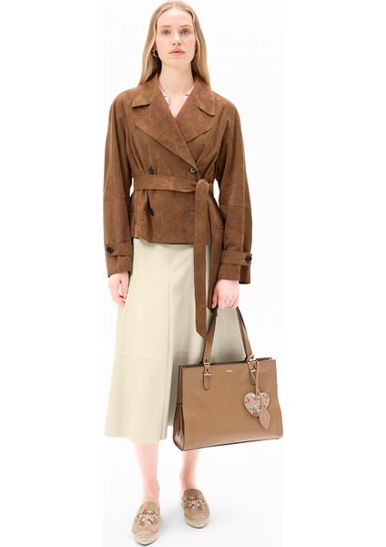 Limited Edition Kadın Krem Uzun Deri Etek