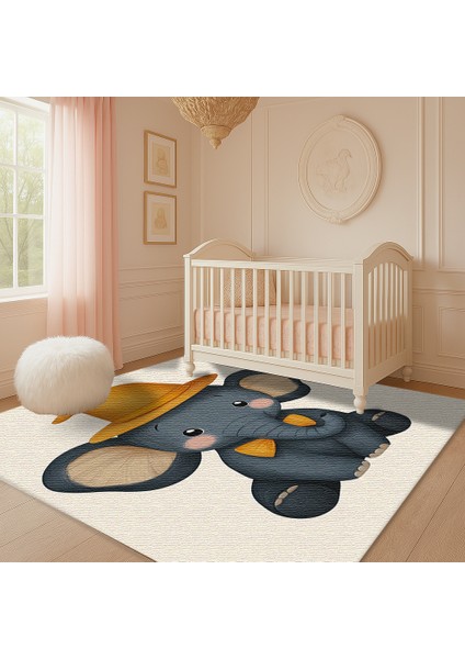 Kaymaz Tabanlı Fil Motifli Çocuk Halısı, Eğlenceli Oyun Odası Halısı