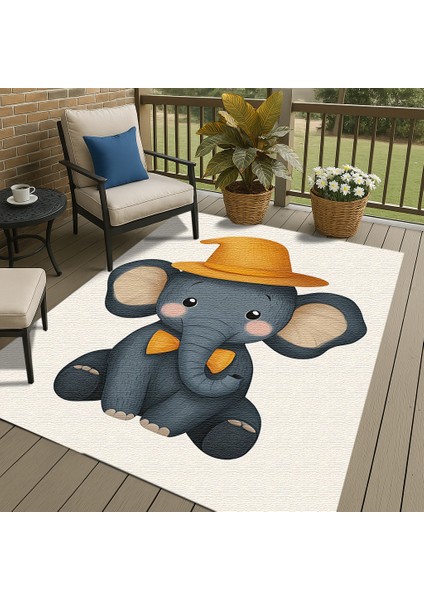 Kaymaz Tabanlı Fil Motifli Çocuk Halısı, Eğlenceli Oyun Odası Halısı fırsatları