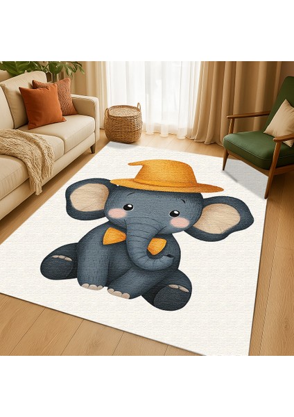 Kaymaz Tabanlı Fil Motifli Çocuk Halısı, Eğlenceli Oyun Odası Halısı