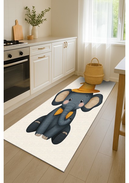 Kaymaz Tabanlı Fil Motifli Çocuk Halısı, Eğlenceli Oyun Odası Halısı