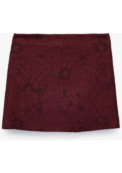 x Melis Ağazat - Metal Iplik Detaylı Parıltılı A Kesim Floral Dokulu Mini Etek