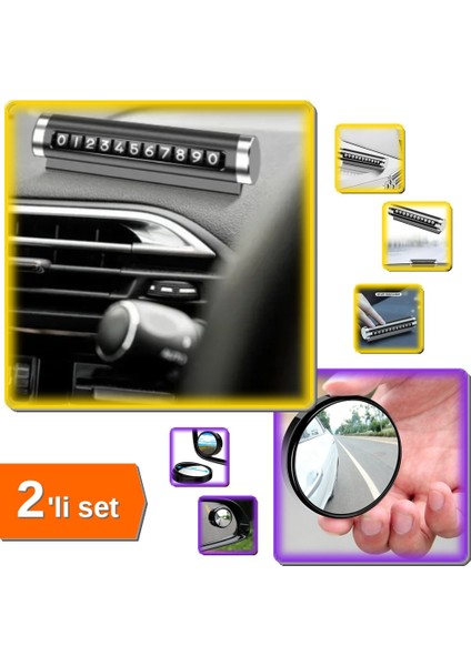 Geniş Açılı Araç Kör Nokta Dikiz Aynası 1 Çift ve Alüminyum Araç Içi Park Numaratörü - K8P2XJ
