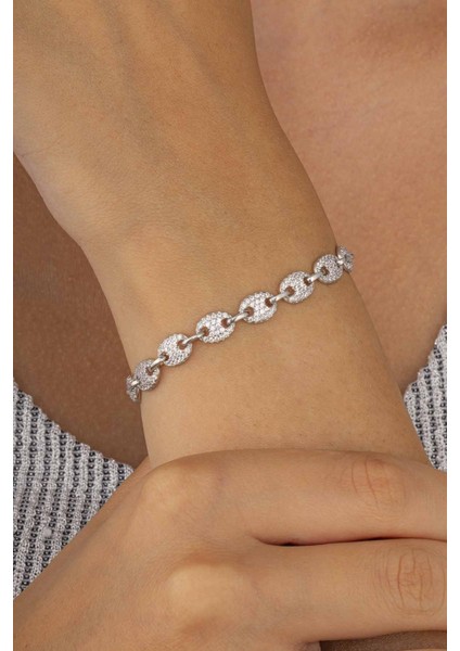 Zirkon Taşlı Oval Kesim Parçalı Tamtur Gümüş Kadın Bileklik