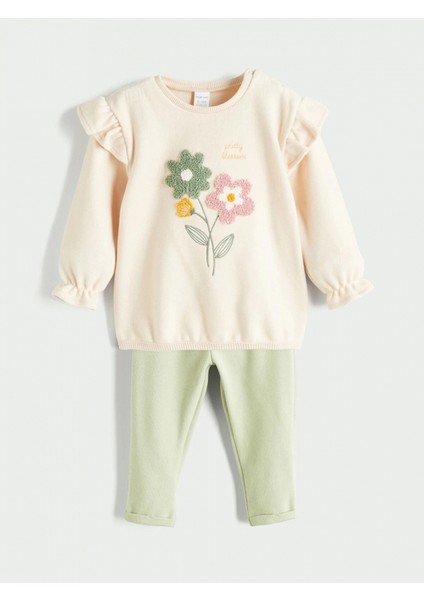 Lcw Baby Bej Bisiklet Yaka Çiçekli Kız Bebek Sweatshirt ve Tayt 2'li