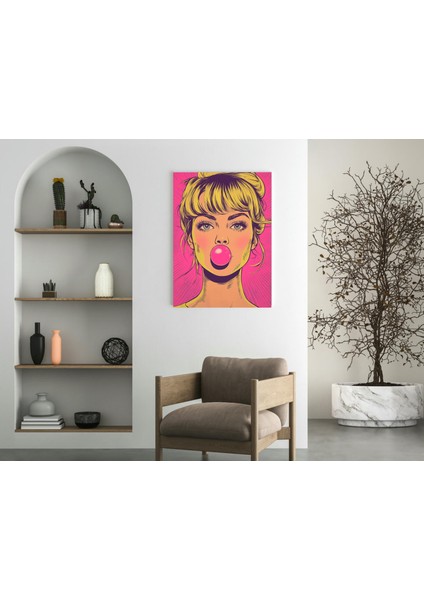 Sarışın Kız Pembe Sakız Pop Art -Ahşap Mdf Tablo