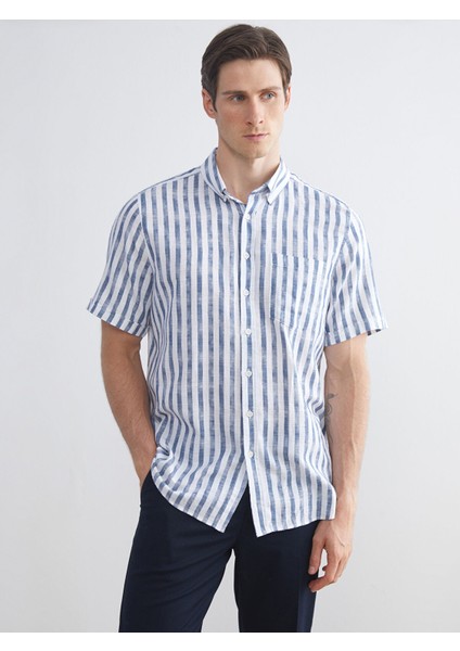 Yeni Sezon Regular Fit Kısa Kollu Çizgili Poplin Erkek Gömlek