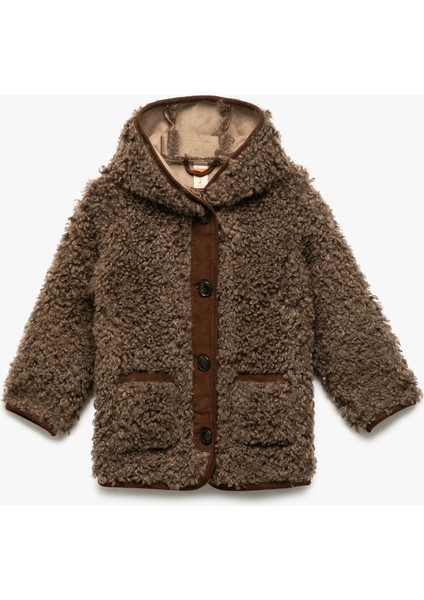 Uzun Kollu Cep Detaylı Kapşonlu Peluş Mont