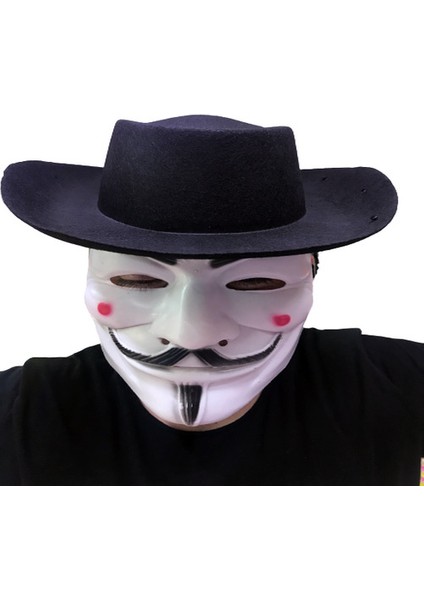 Siyah Renkli Delikli Çocuk Boy Vendetta Şapkası ve Vendetta Maskesi