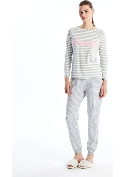 Yeni Sezon Bisiklet Yaka Baskılı Kadın Pijama Takımı