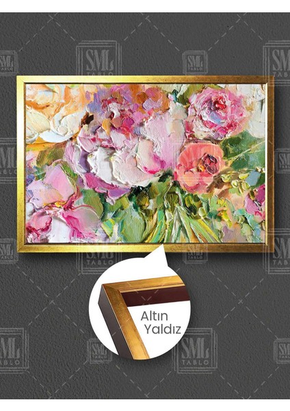 Pembe Gül Ortanca Çiçeği Buket Dekoratif Çerçeveli Yatay Kanvas Tablo