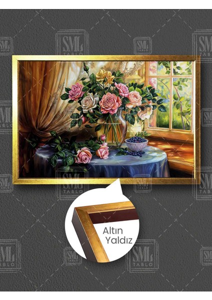 Cam Vazo Pembe ve Beyaz Güller Huzur Manzara Çerçeveli Yatay Kanvas Tablo