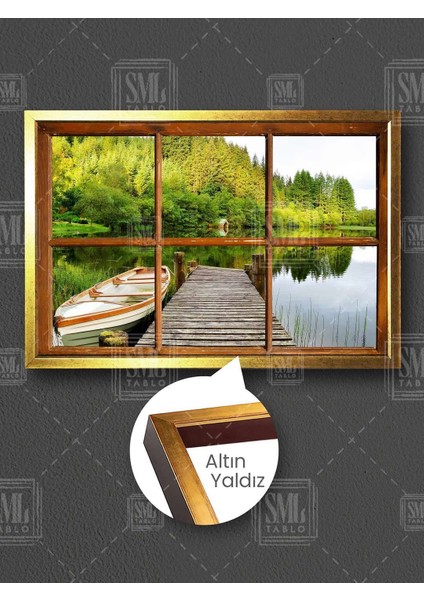 Göl Iskele Manzaraya Açılan Ahşap Pencere Doğa Çerçeveli Yatay Kanvas Tablo