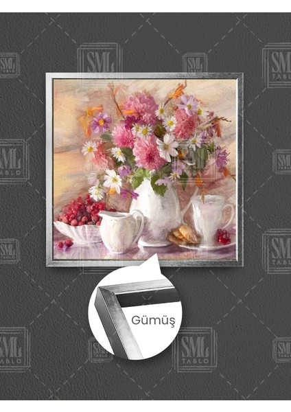 Beyaz Porselen Çay Takımı Vazo Içindeki Pembe Çiçekler Çerçeveli Kare Kanvas Tablo