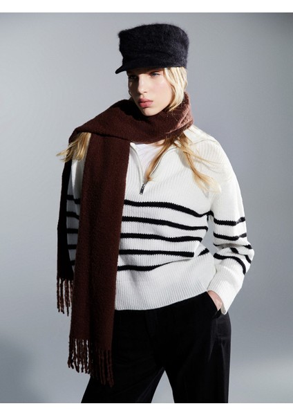 Yeni Sezon Polo Yaka Çizgili Kadın Triko Kazak