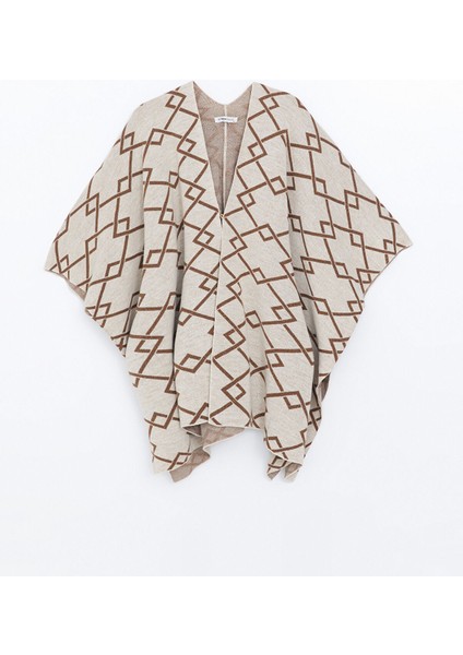 Yeni Sezon Şal Yaka Desenli Kadın Triko Panço