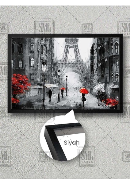 Paris Sokaklarında Insanlar Kırmızı Şemsiye Eyfel Kulesi Fransa Çerçeveli Yatay Kanvas Tablo
