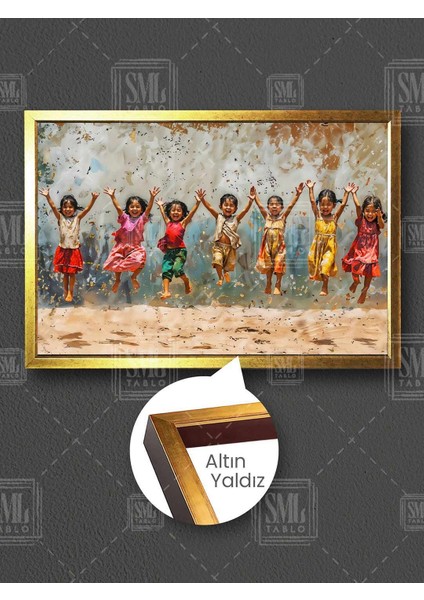 Mutluluğun Resmi Sokakta Oynayan Hintli Çocuklar Çerçeveli Yatay Kanvas Tablo