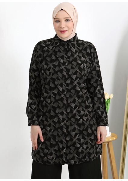 Büyük Beden Düğmeli Viscon Kumaş Rahat Kesim Tunik Siyah Beyaz