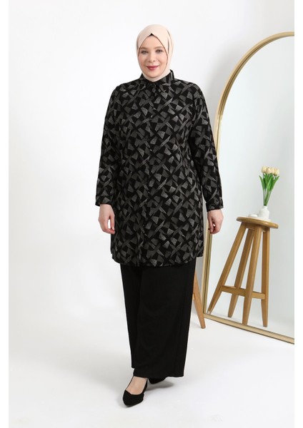 Büyük Beden Düğmeli Viscon Kumaş Rahat Kesim Tunik Siyah Beyaz modelleri