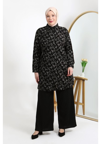 Büyük Beden Düğmeli Viscon Kumaş Rahat Kesim Tunik Siyah Beyaz fırsatları