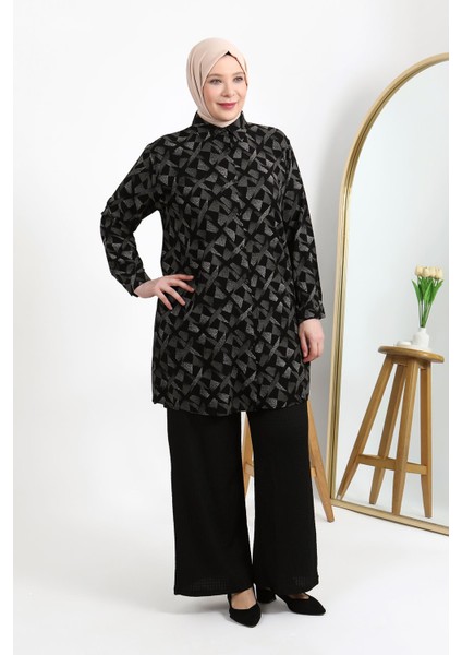 Büyük Beden Düğmeli Viscon Kumaş Rahat Kesim Tunik Siyah Beyaz indirimleri
