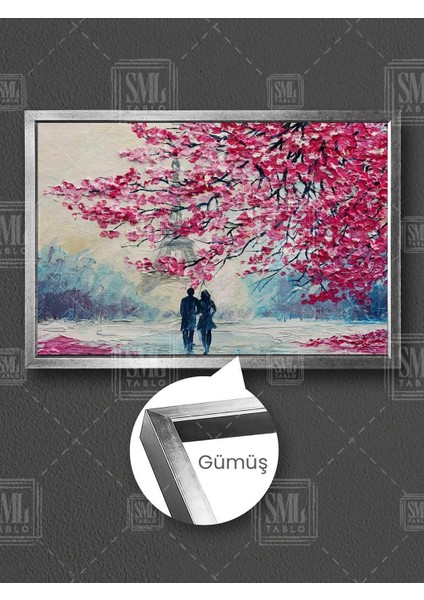 Pembe Çiçekli Ağaç Sakura Ağacı Aşıklar Eyfel Kulesi Paris Eiffel Tower Çerçeveli Yatay Kanvas Tablo