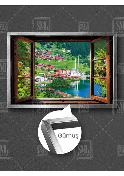 Açılan Ahşap Pencere Uzungöl Manzarası Karadeniz Uzun Göl Yayla Çerçeveli Yatay Kanvas Tablo