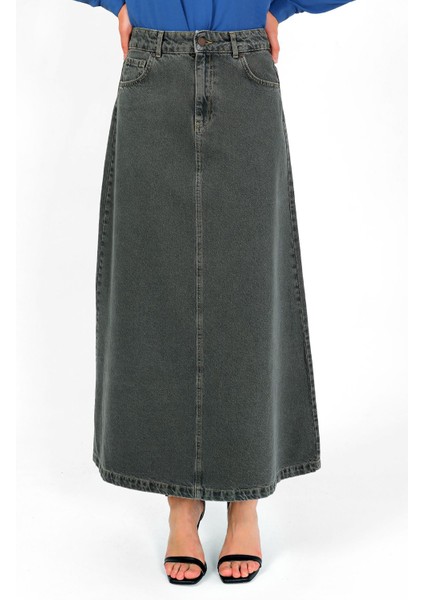 Yüksek Bel A Kesim Denim Etek Yeşil