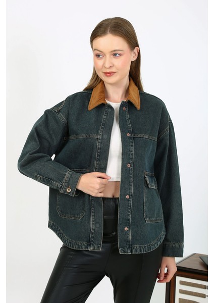 Kadife Yakalı Kot Ceket Koyu Mavi