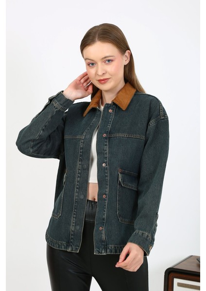 Kadife Yakalı Kot Ceket Koyu Mavi modelleri