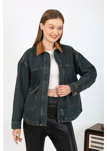 Kadife Yakalı Kot Ceket Koyu Mavi indirimleri