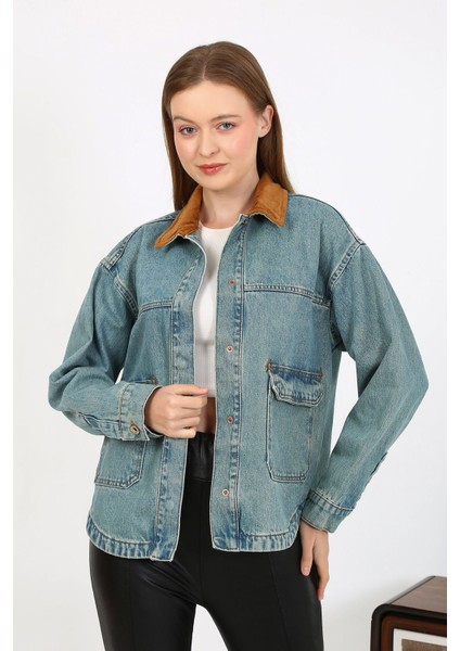 Kadife Yakalı Kot Ceket Açık Mavi