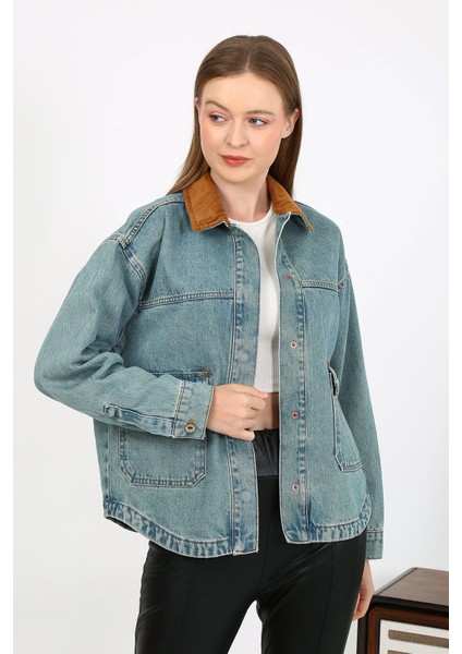 Kadife Yakalı Kot Ceket Açık Mavi fiyatları