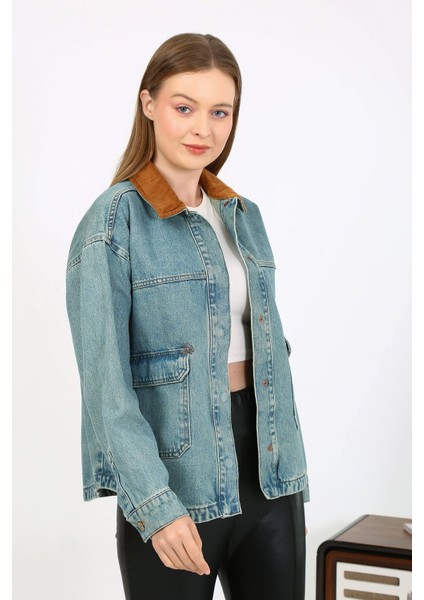 Kadife Yakalı Kot Ceket Açık Mavi modelleri