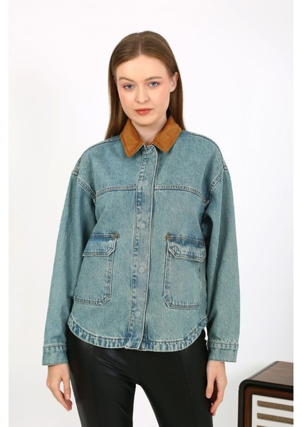 Kadife Yakalı Kot Ceket Açık Mavi fırsatları