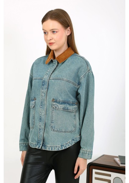 Kadife Yakalı Kot Ceket Açık Mavi indirimleri