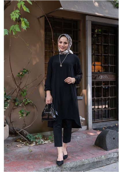 Oval Etekli Tunik - Badem Siyah