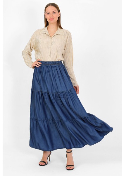 Beli Lastikli Büzgülü Etek Koyu Mavi