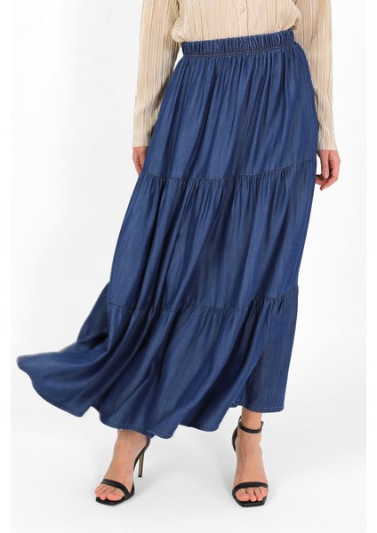 Beli Lastikli Büzgülü Etek Koyu Mavi modelleri