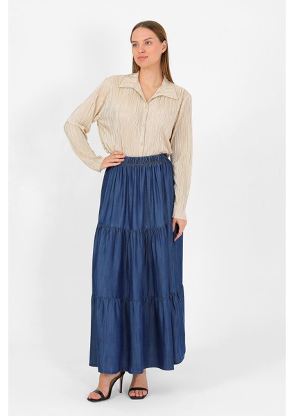 Beli Lastikli Büzgülü Etek Koyu Mavi fırsatları