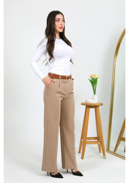 Kemerli Palazzo Pantolon Vizon