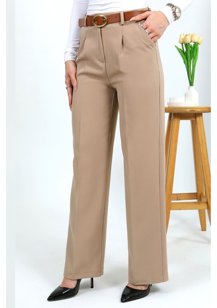 Kemerli Palazzo Pantolon Vizon modelleri