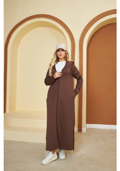 Battal Scuba Kapşonlu Uzun Kap Kahverengi