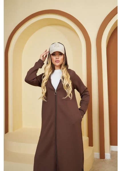 Battal Scuba Kapşonlu Uzun Kap Kahverengi indirimleri