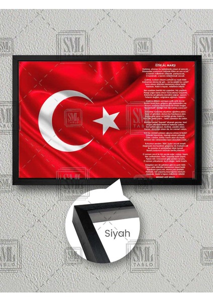 Istiklal Marşı ve Türk Bayrağı Makam Arkası Dekor Çerçeveli Yatay Kanvas Tablo