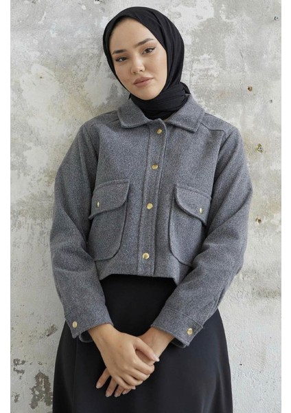 Kısa Cepli Kaşe Mont Gri