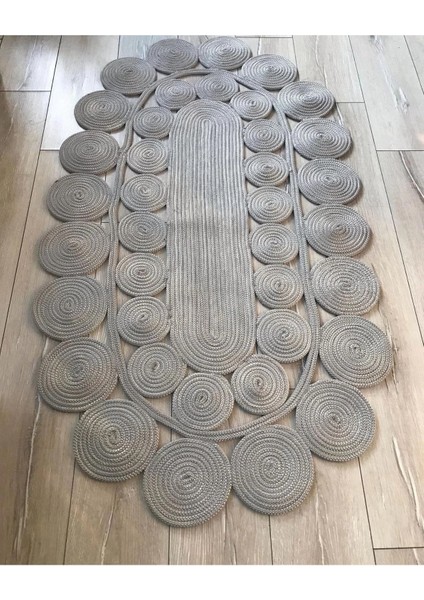 Gri Oval Hasır Halı - Gri Oval Jüt Halı - Gri Örme Jüt Halı