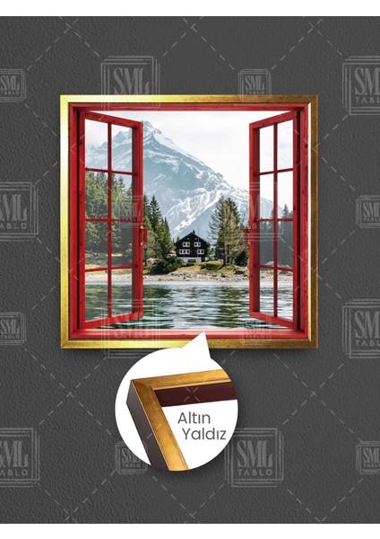Dağ ve Göl Manzarası Kırmızı Pencere Doğa Çerçeveli Kare Kanvas Tablo